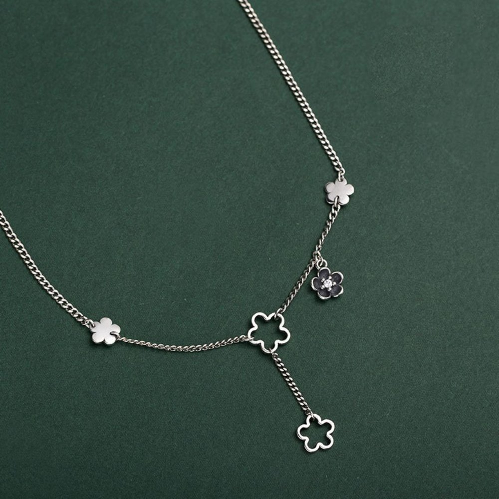 #NEW 925 Sterling Silver Flower Drop Link Chain Necklace